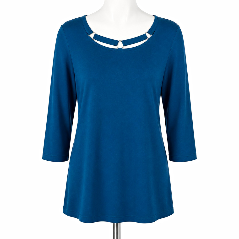 Chico’s Travelers Collection Tunic Top Womens M Blue Solid 3/4 Sleeve Cut-Out